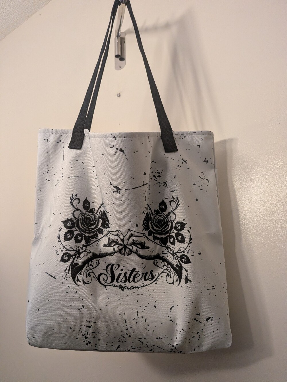 Sisters Celestial Floral Tote Bag with Inside Pocket – White & Black